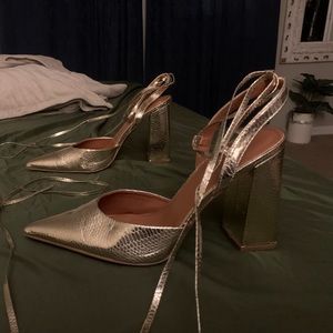 ASOS Gold Snake Skin Block Heel Strap up Heels